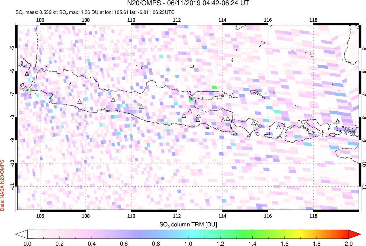 A sulfur dioxide image over Java, Indonesia on Jun 11, 2019.