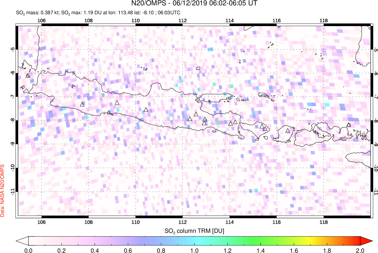 A sulfur dioxide image over Java, Indonesia on Jun 12, 2019.