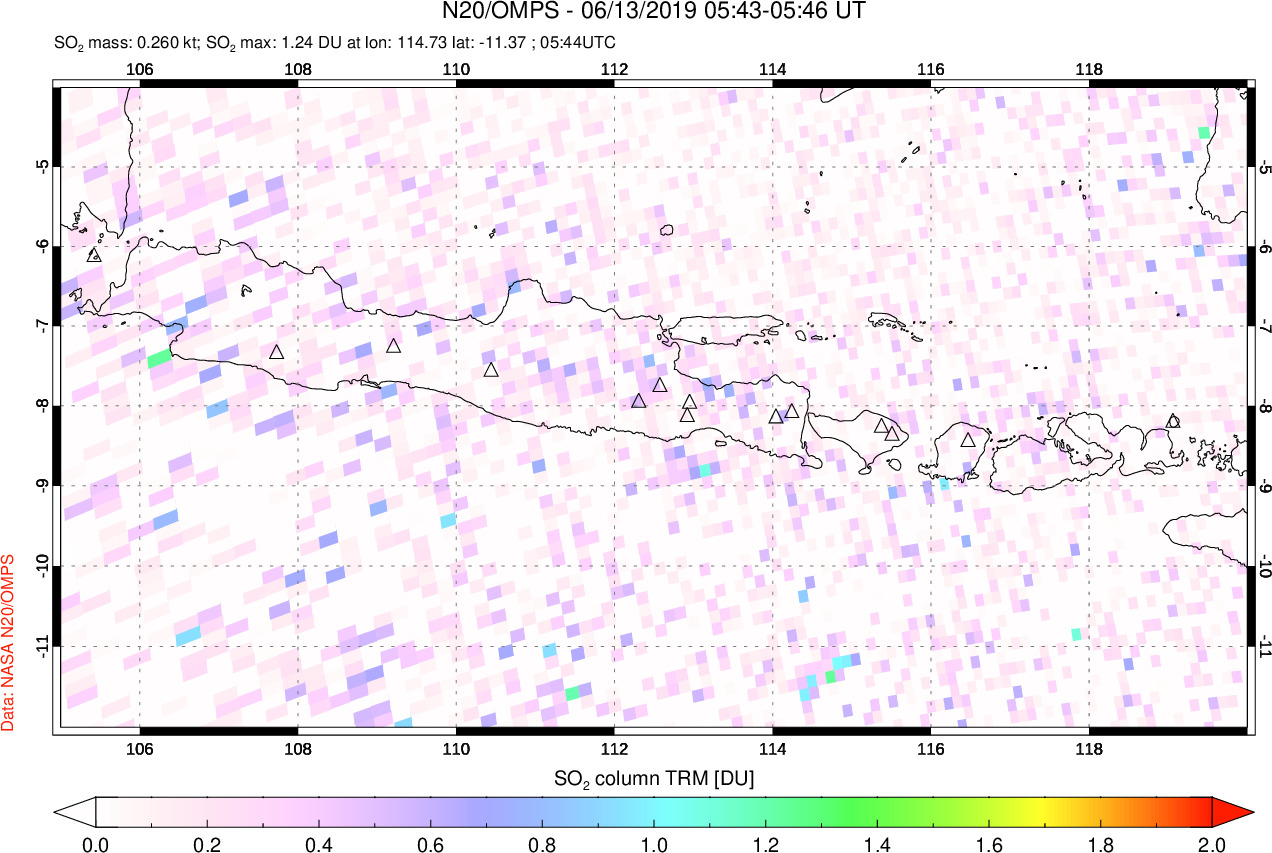 A sulfur dioxide image over Java, Indonesia on Jun 13, 2019.