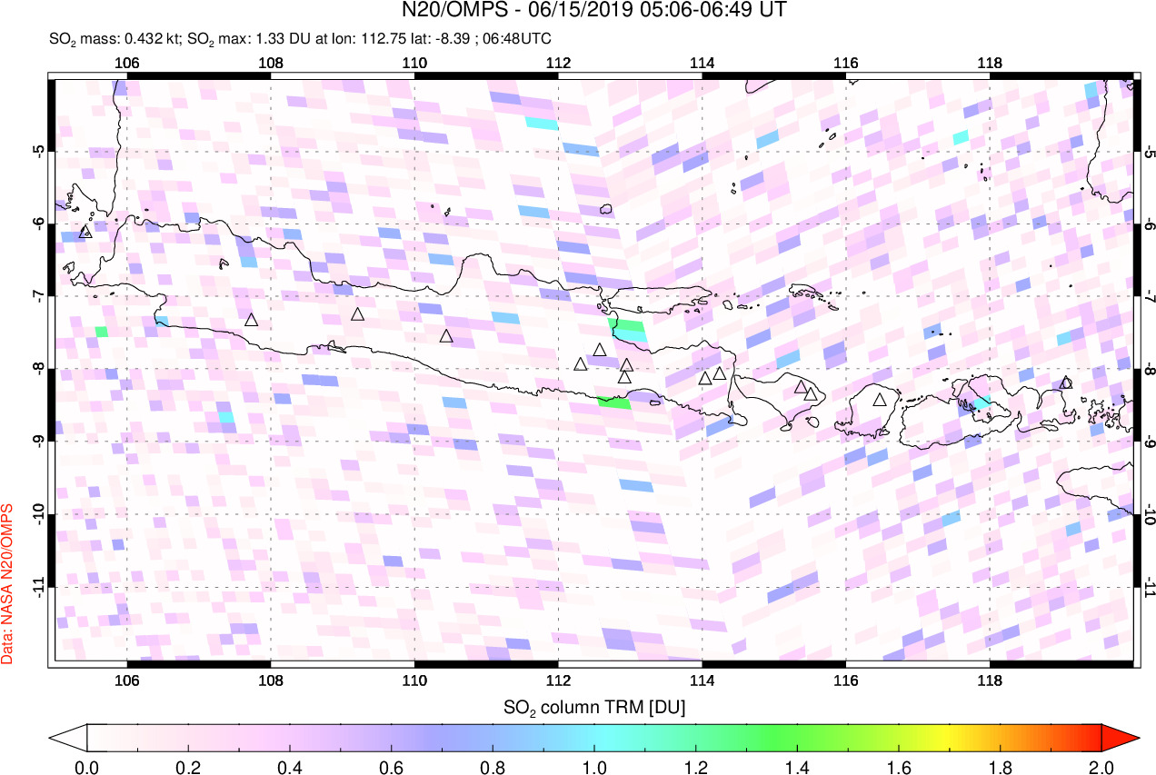 A sulfur dioxide image over Java, Indonesia on Jun 15, 2019.