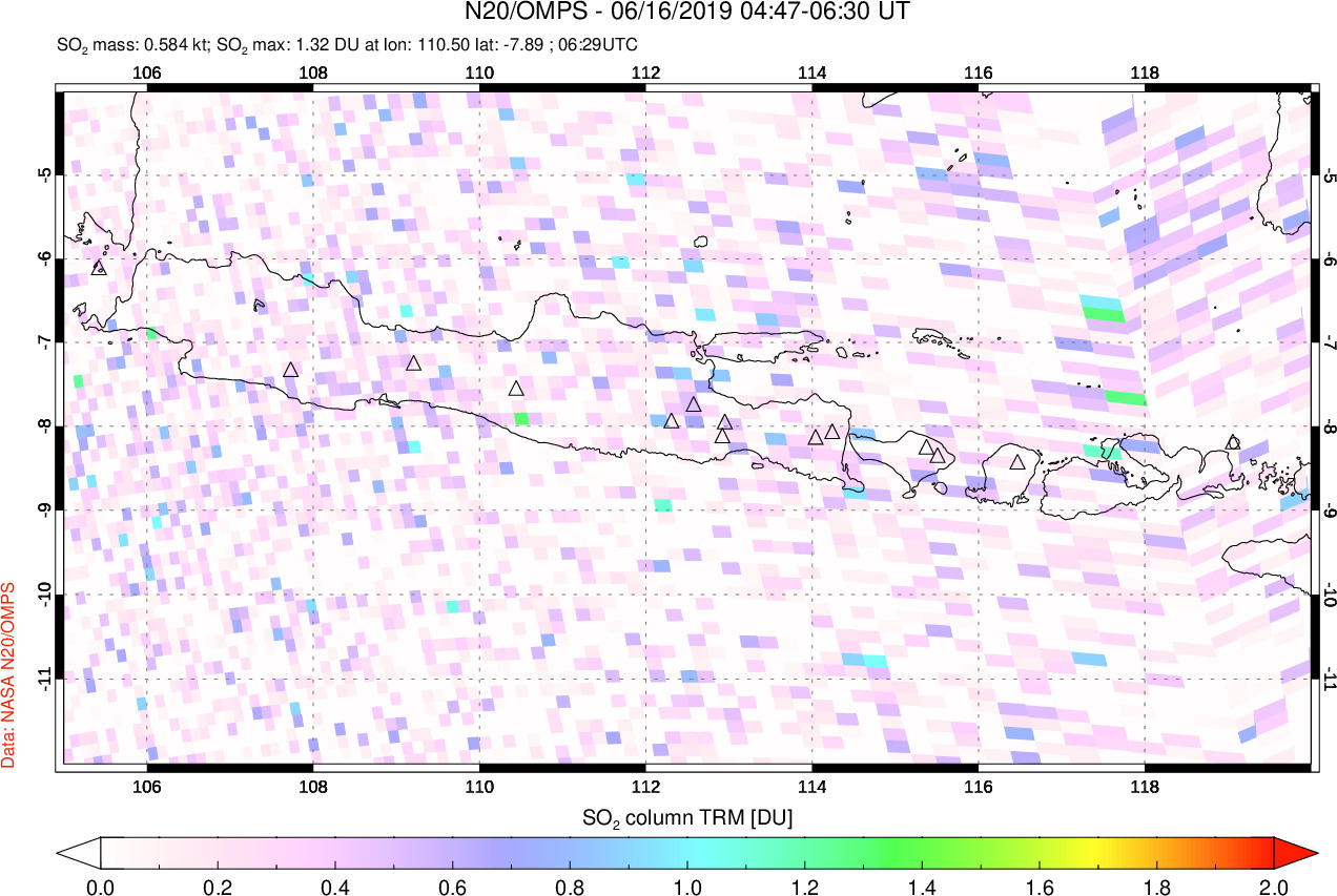 A sulfur dioxide image over Java, Indonesia on Jun 16, 2019.
