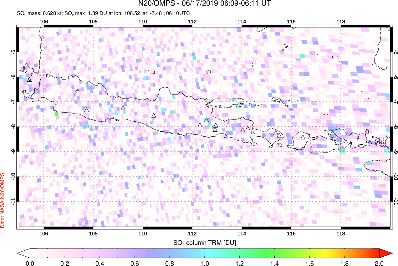 A sulfur dioxide image over Java, Indonesia on Jun 17, 2019.