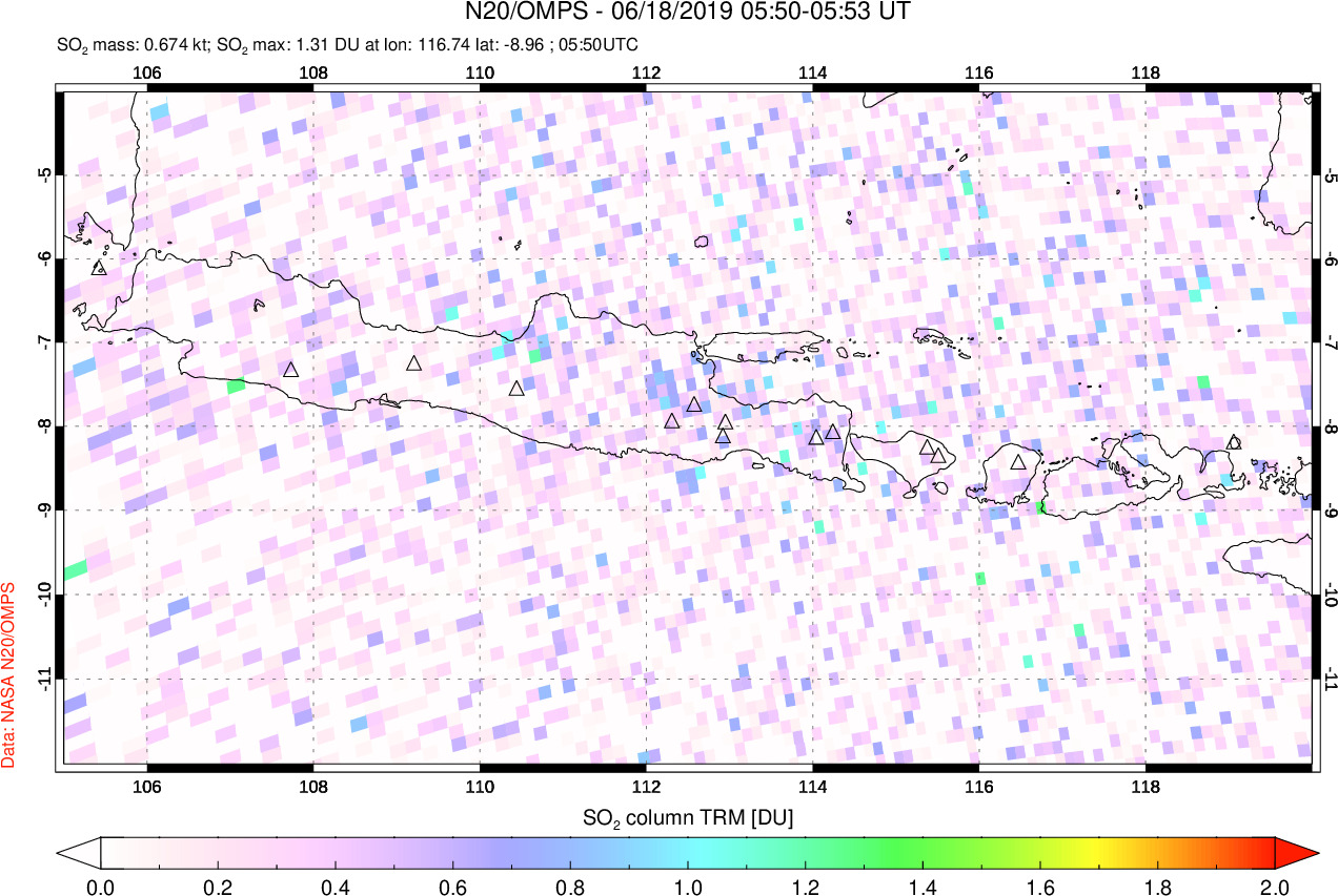 A sulfur dioxide image over Java, Indonesia on Jun 18, 2019.