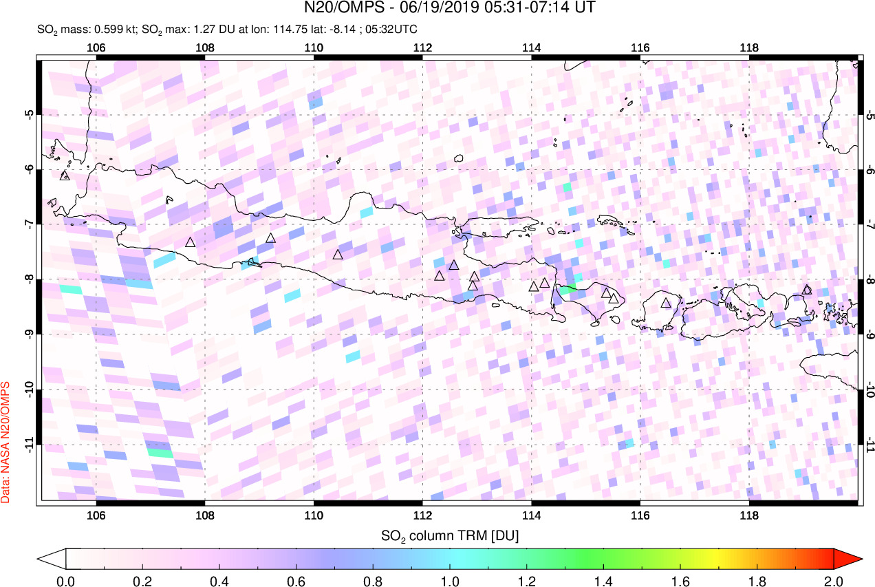 A sulfur dioxide image over Java, Indonesia on Jun 19, 2019.