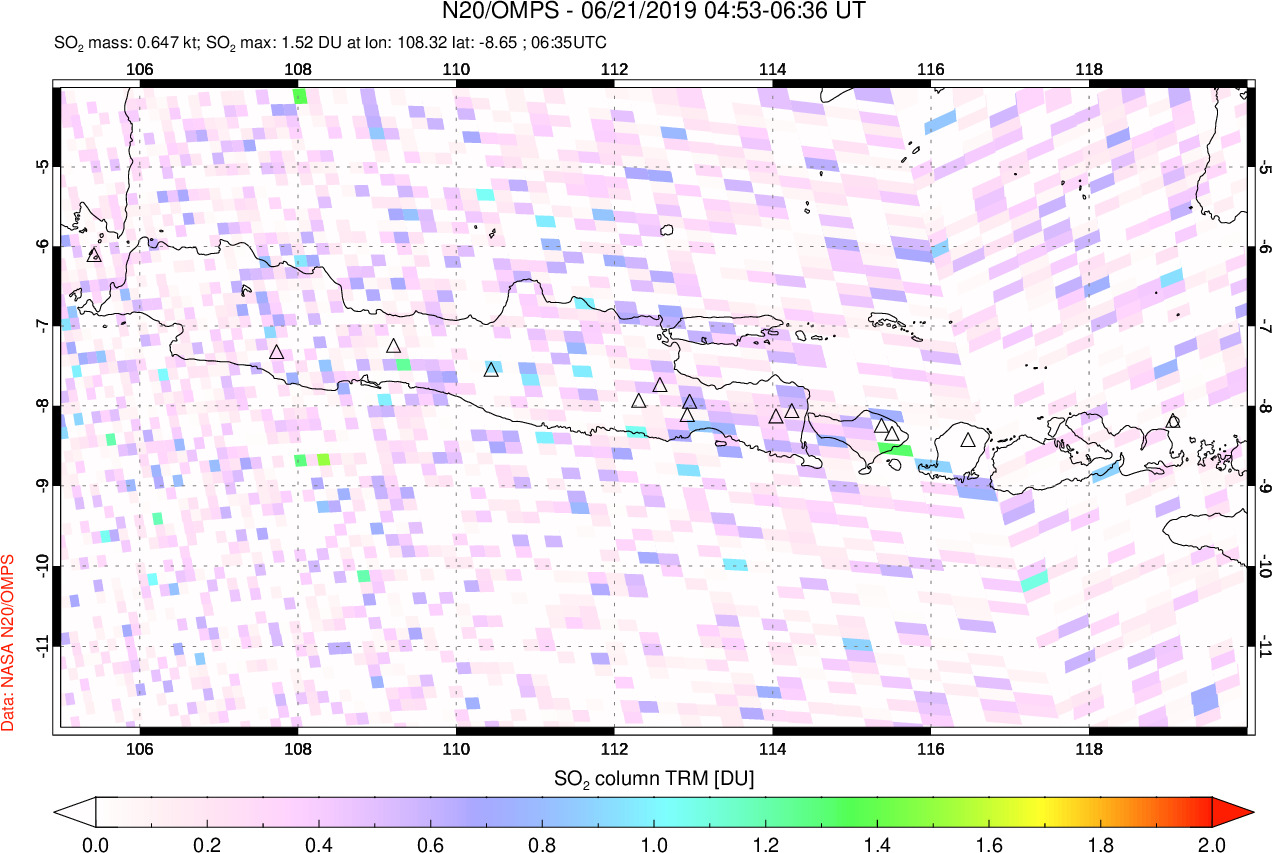 A sulfur dioxide image over Java, Indonesia on Jun 21, 2019.