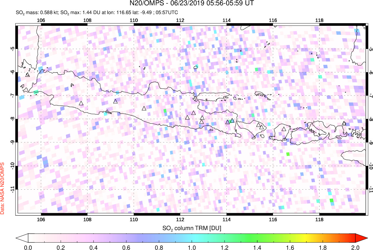 A sulfur dioxide image over Java, Indonesia on Jun 23, 2019.