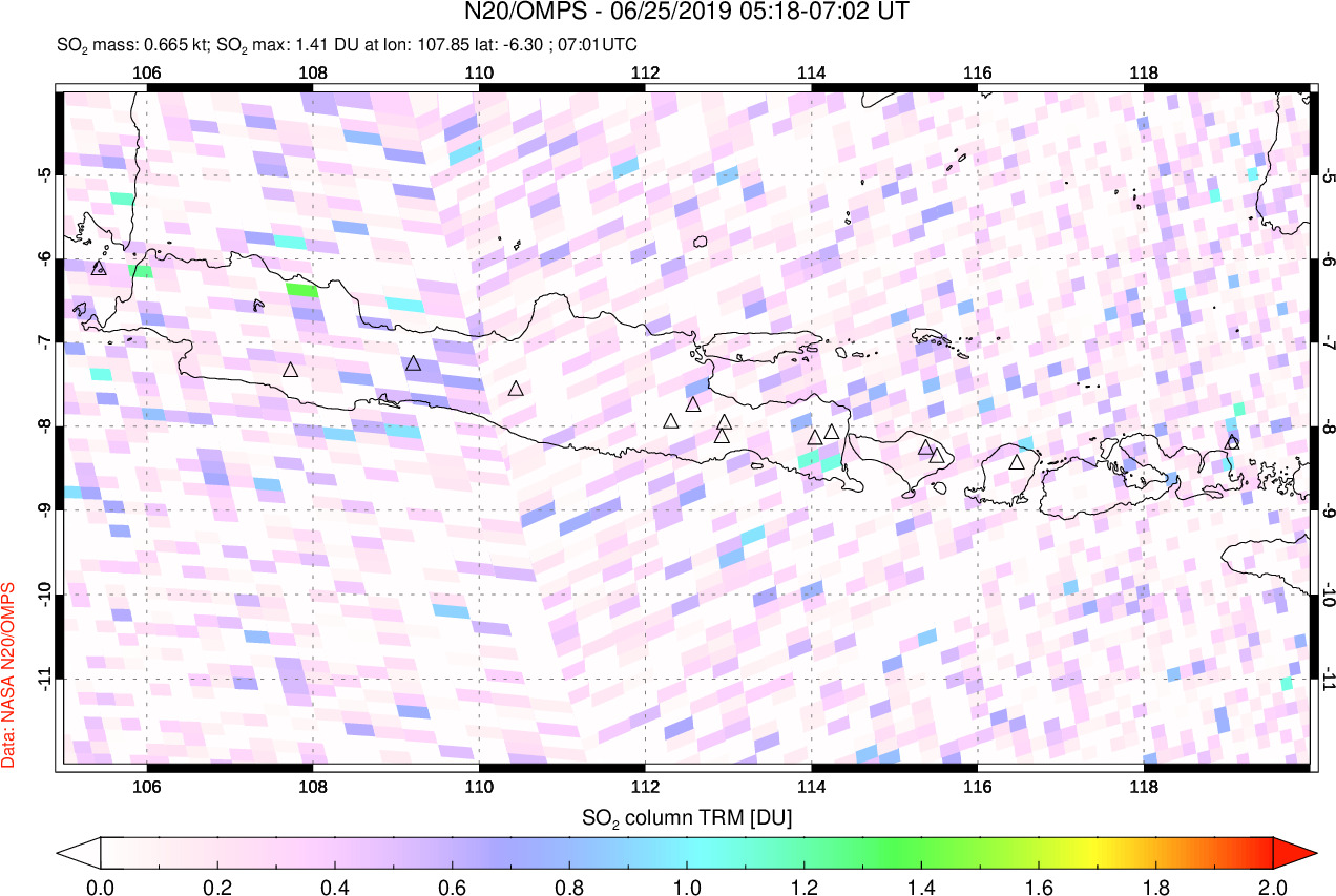 A sulfur dioxide image over Java, Indonesia on Jun 25, 2019.