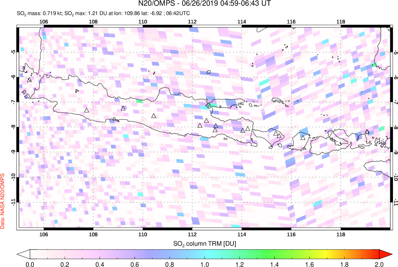 A sulfur dioxide image over Java, Indonesia on Jun 26, 2019.