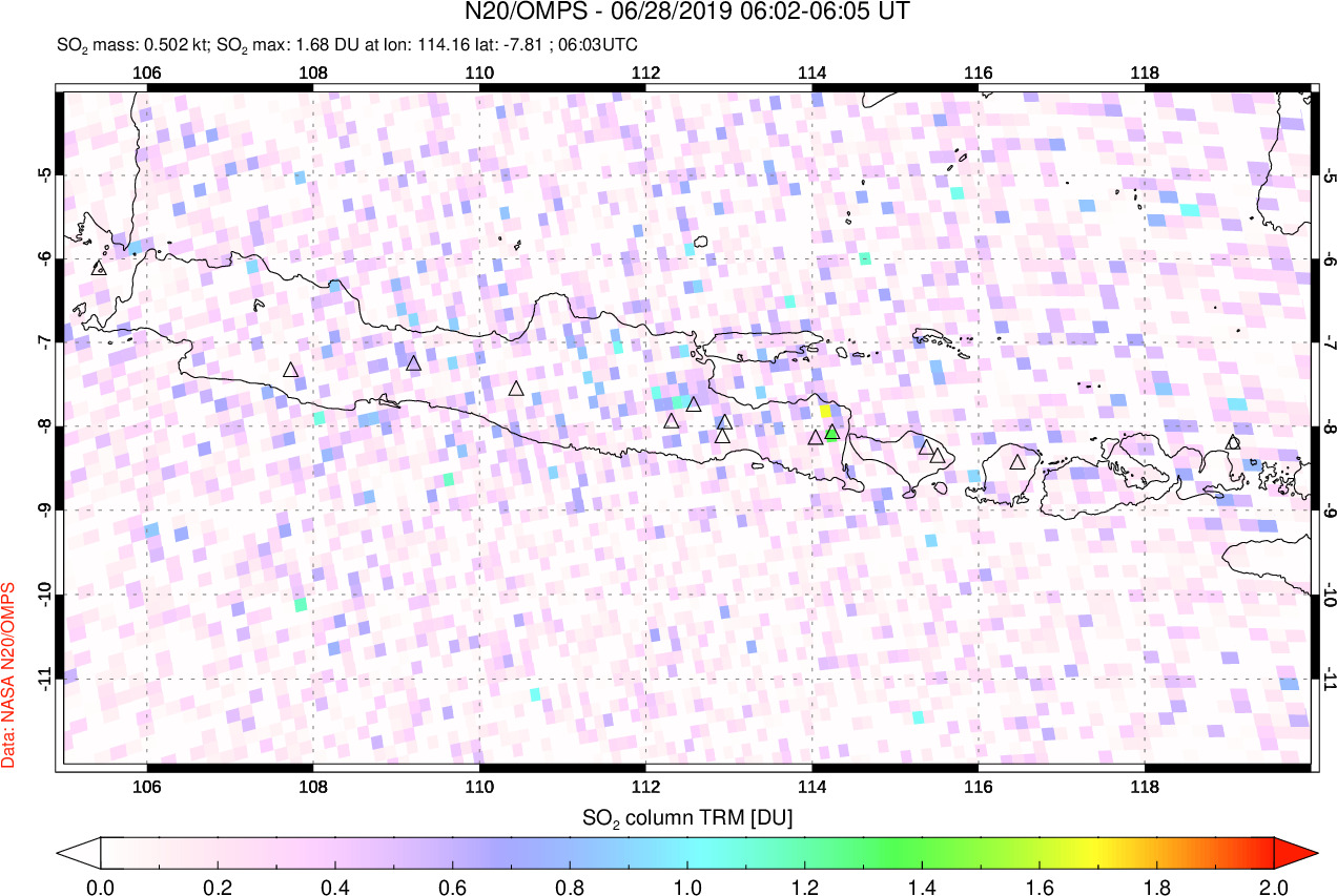 A sulfur dioxide image over Java, Indonesia on Jun 28, 2019.