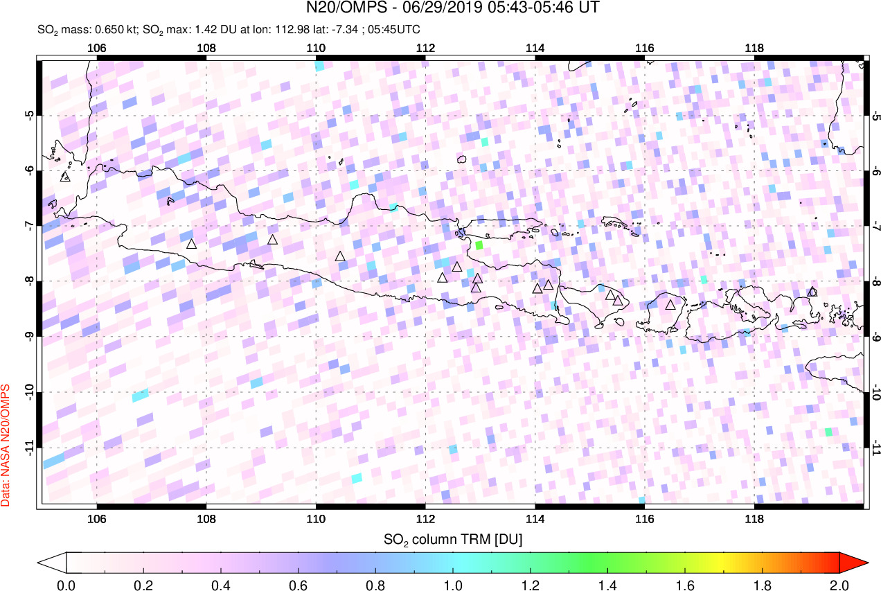 A sulfur dioxide image over Java, Indonesia on Jun 29, 2019.