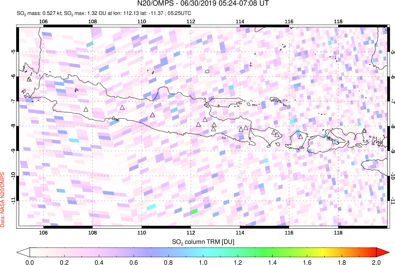 A sulfur dioxide image over Java, Indonesia on Jun 30, 2019.