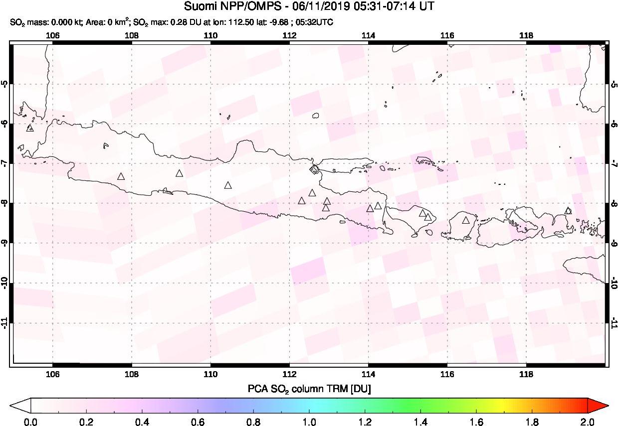 A sulfur dioxide image over Java, Indonesia on Jun 11, 2019.