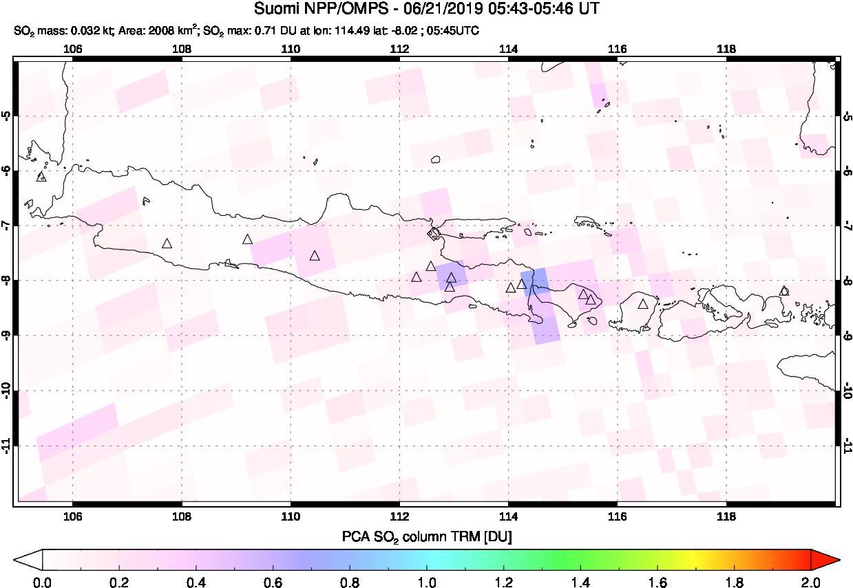 A sulfur dioxide image over Java, Indonesia on Jun 21, 2019.