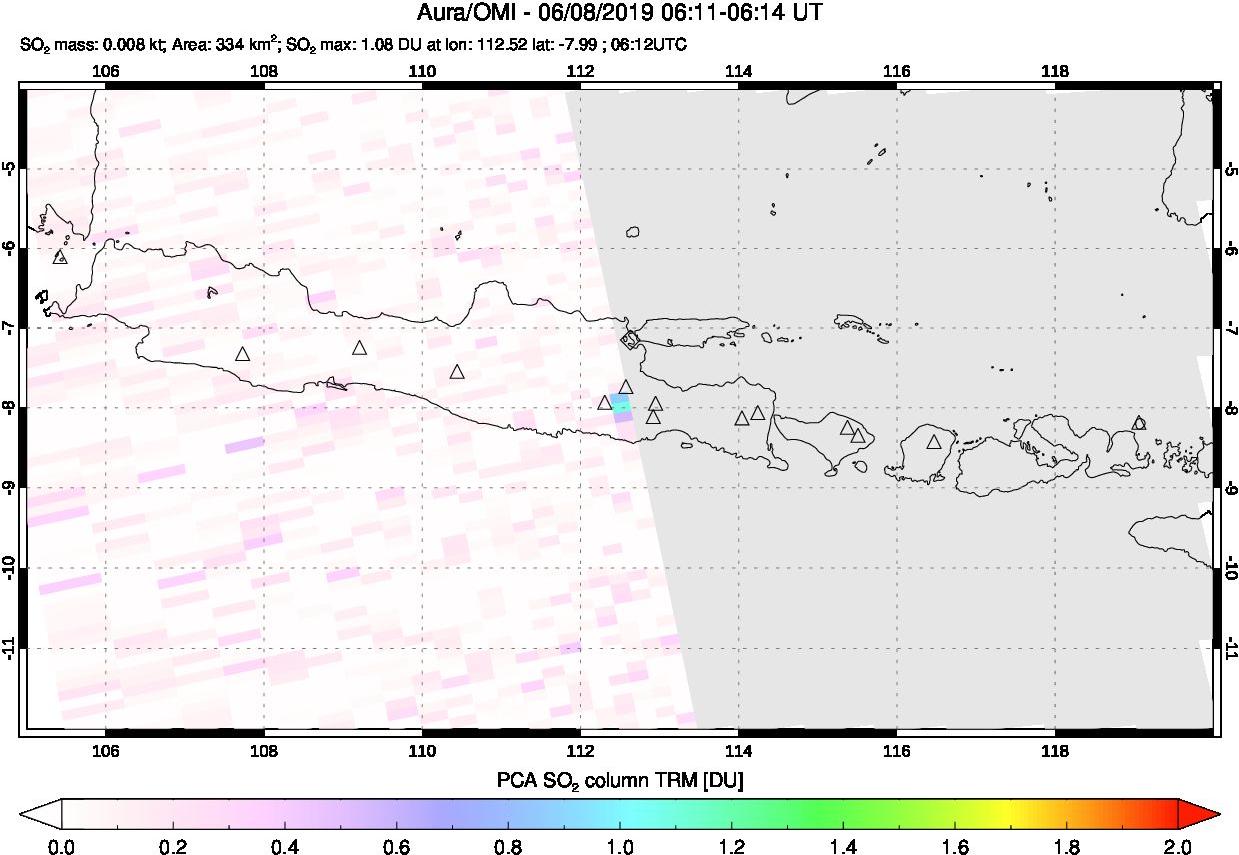 A sulfur dioxide image over Java, Indonesia on Jun 08, 2019.