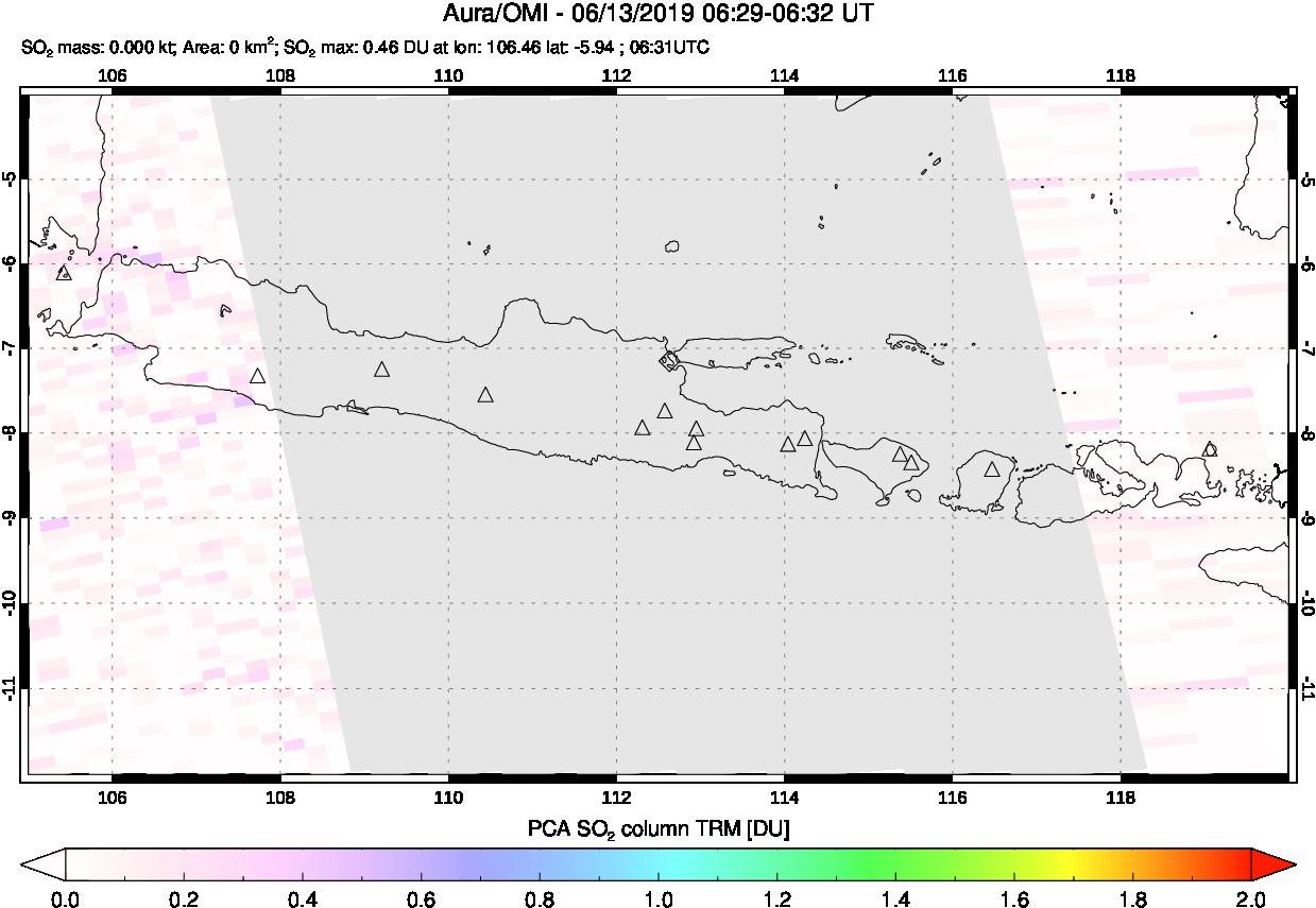 A sulfur dioxide image over Java, Indonesia on Jun 13, 2019.