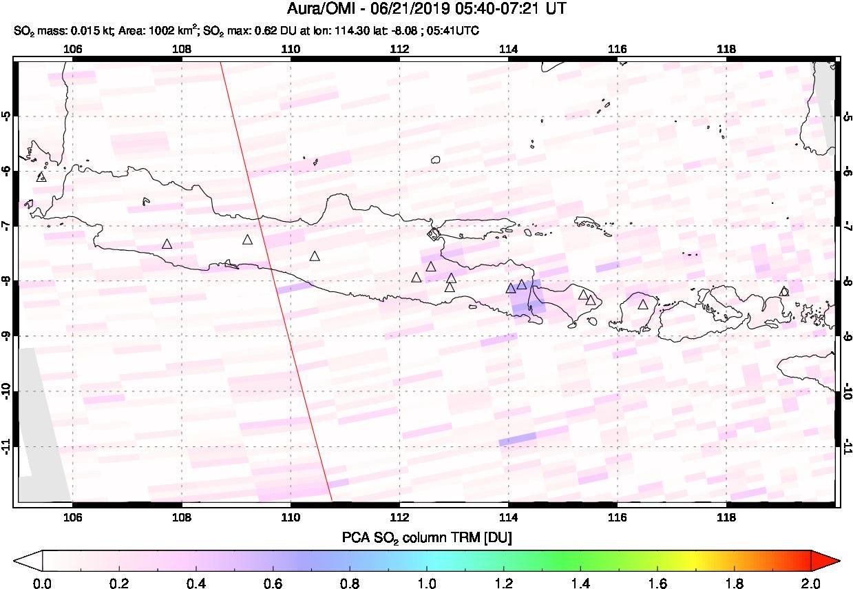 A sulfur dioxide image over Java, Indonesia on Jun 21, 2019.