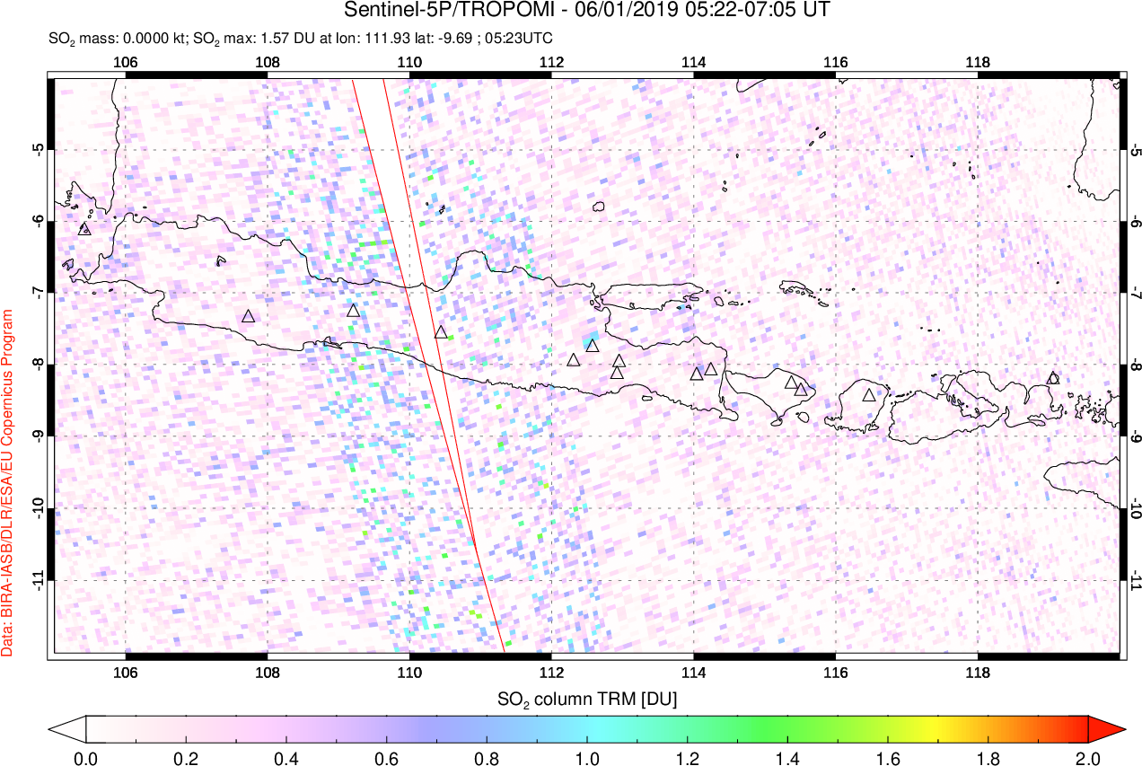 A sulfur dioxide image over Java, Indonesia on Jun 01, 2019.