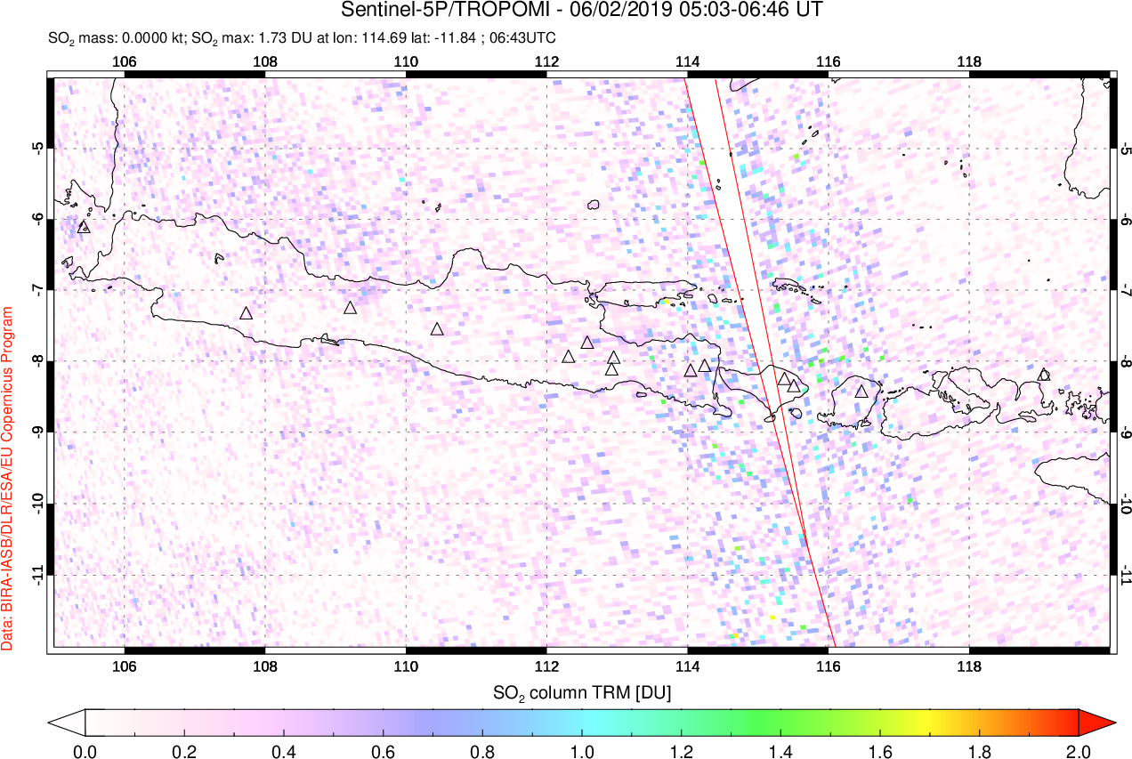 A sulfur dioxide image over Java, Indonesia on Jun 02, 2019.