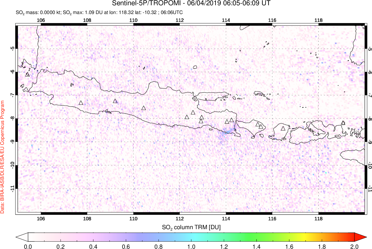 A sulfur dioxide image over Java, Indonesia on Jun 04, 2019.