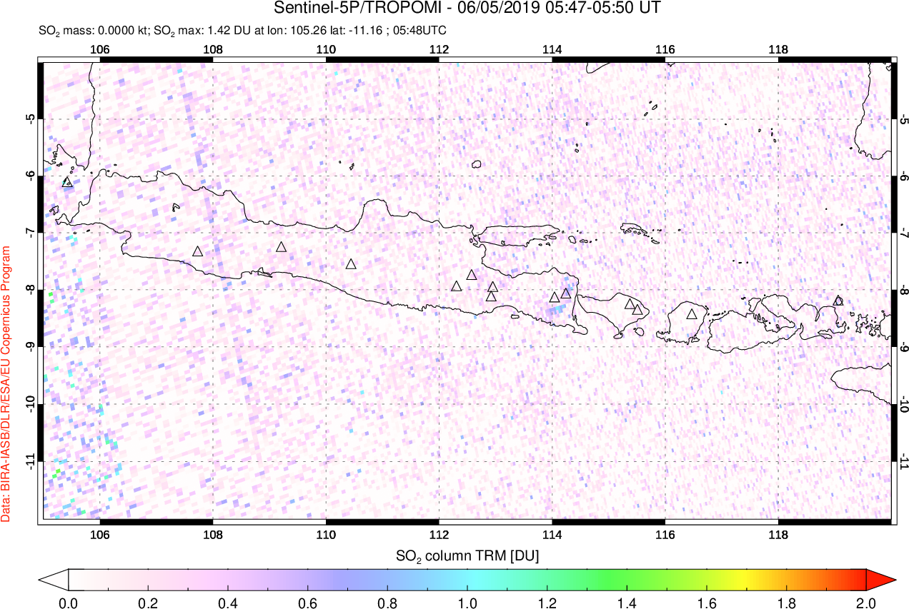 A sulfur dioxide image over Java, Indonesia on Jun 05, 2019.