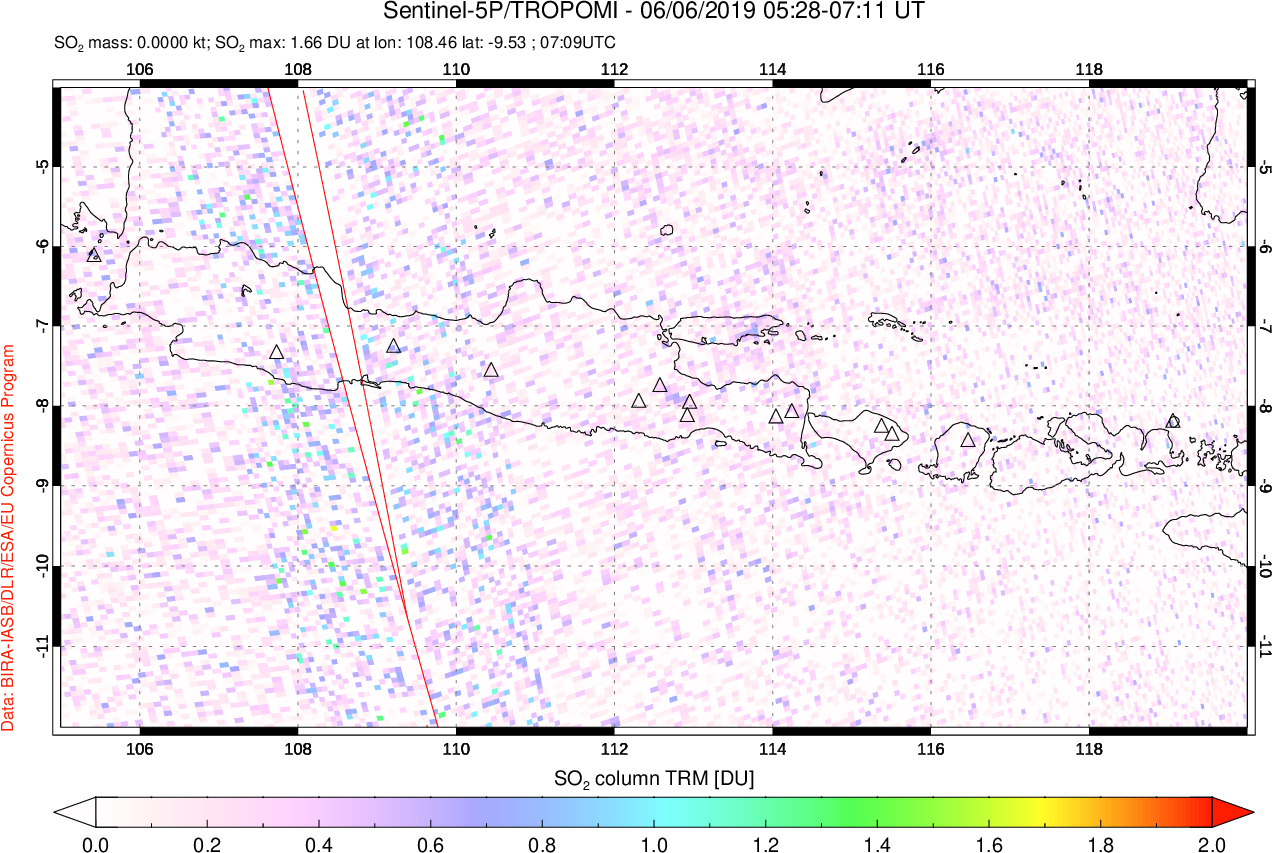 A sulfur dioxide image over Java, Indonesia on Jun 06, 2019.