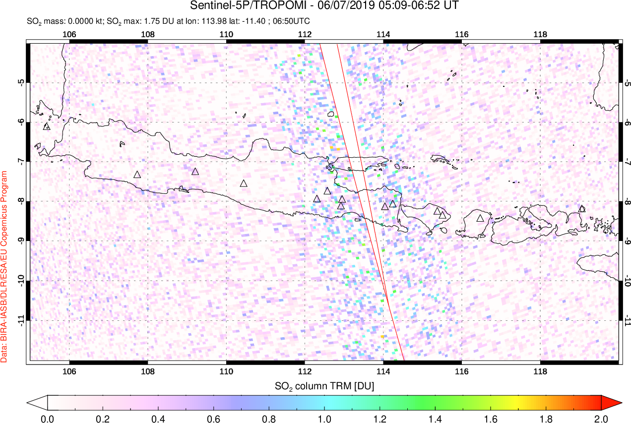 A sulfur dioxide image over Java, Indonesia on Jun 07, 2019.