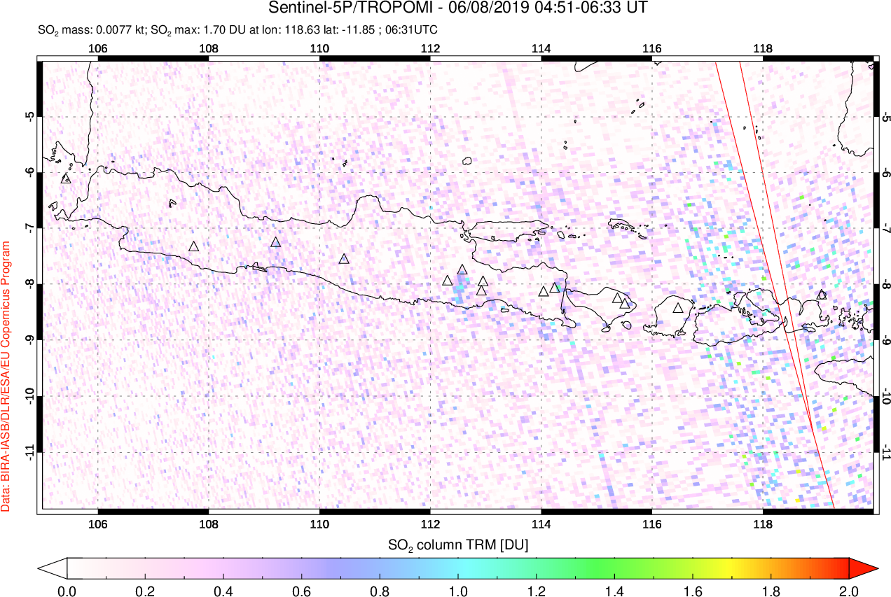 A sulfur dioxide image over Java, Indonesia on Jun 08, 2019.