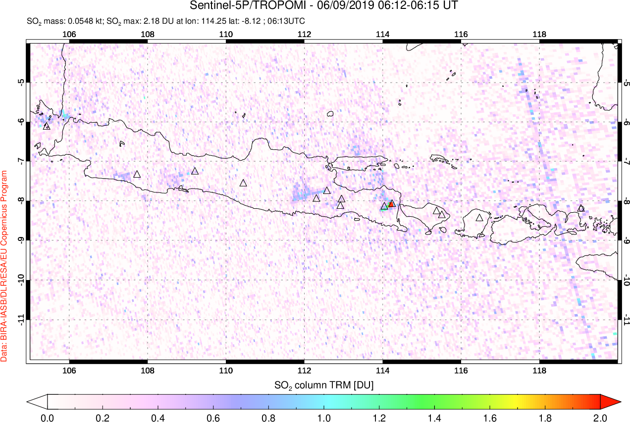 A sulfur dioxide image over Java, Indonesia on Jun 09, 2019.