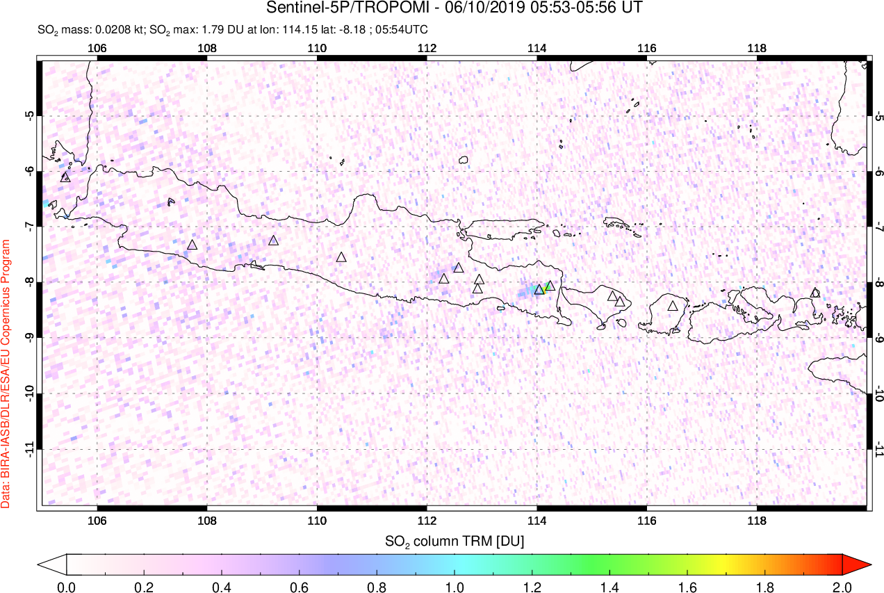 A sulfur dioxide image over Java, Indonesia on Jun 10, 2019.