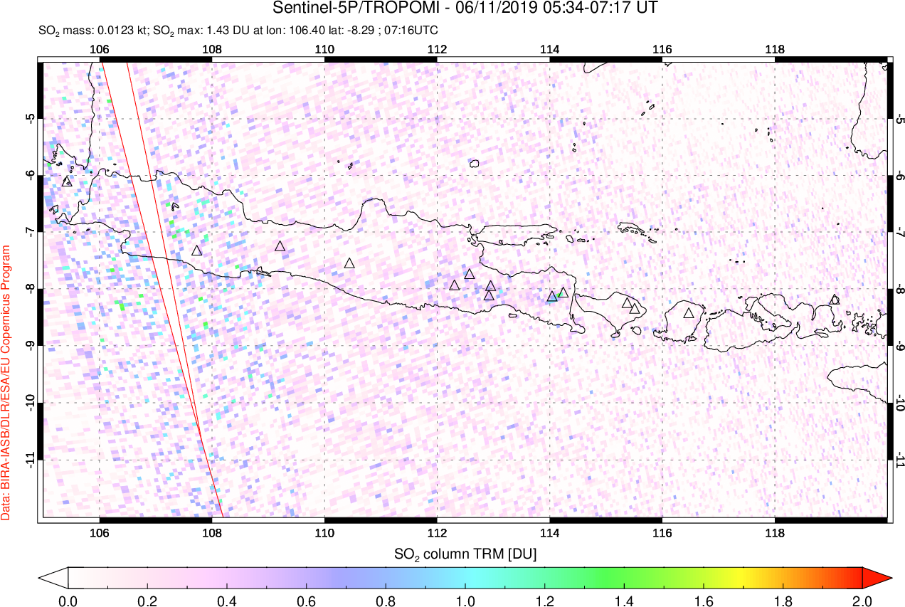 A sulfur dioxide image over Java, Indonesia on Jun 11, 2019.