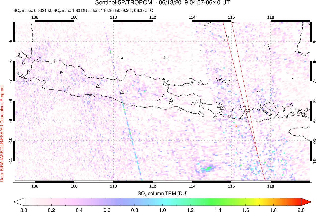 A sulfur dioxide image over Java, Indonesia on Jun 13, 2019.
