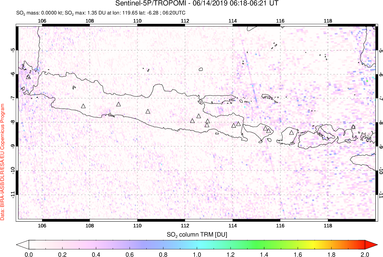 A sulfur dioxide image over Java, Indonesia on Jun 14, 2019.