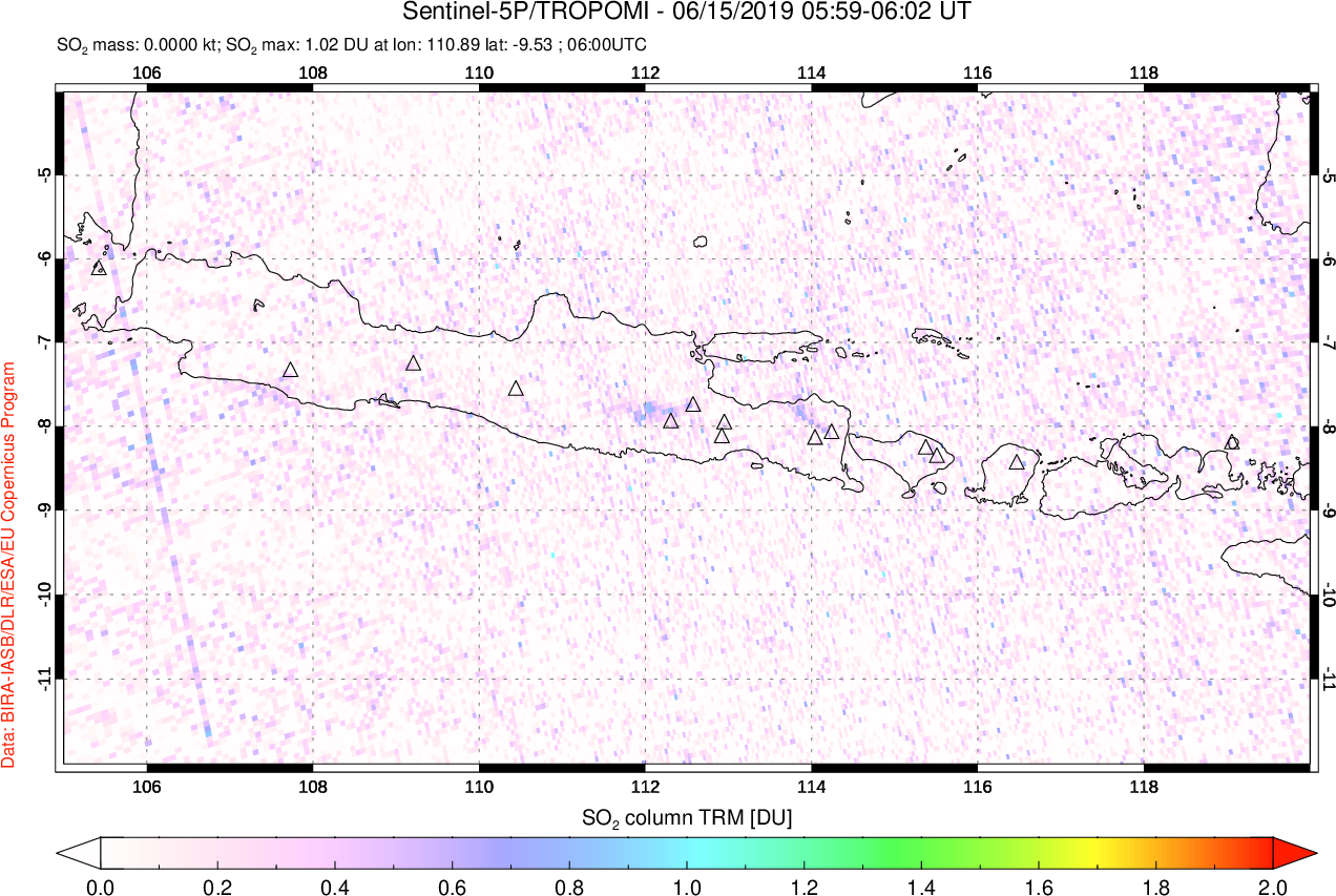 A sulfur dioxide image over Java, Indonesia on Jun 15, 2019.