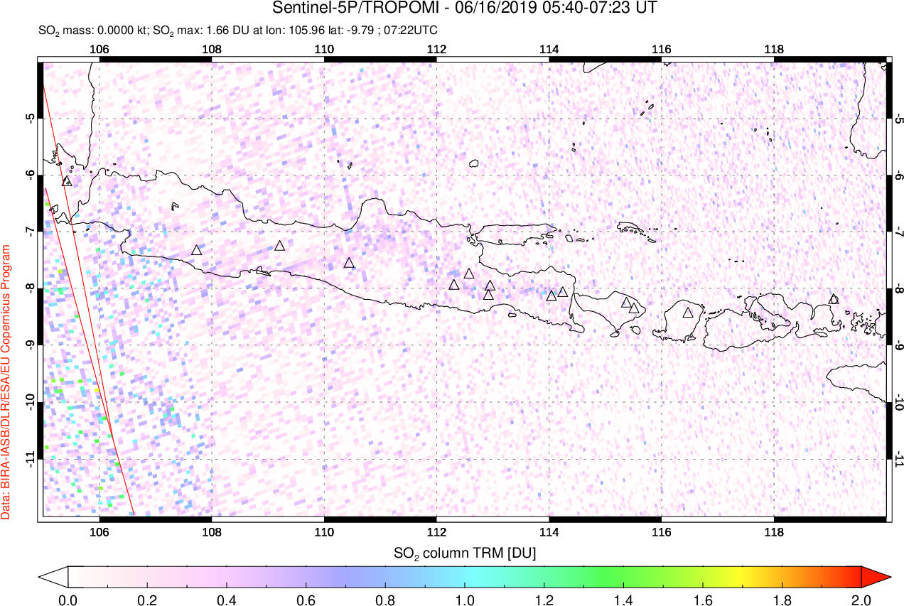 A sulfur dioxide image over Java, Indonesia on Jun 16, 2019.