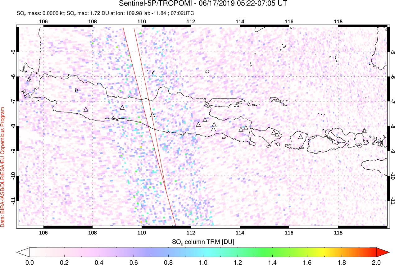 A sulfur dioxide image over Java, Indonesia on Jun 17, 2019.