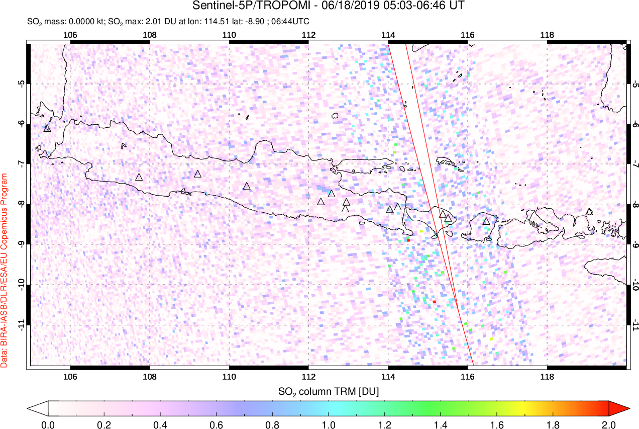A sulfur dioxide image over Java, Indonesia on Jun 18, 2019.