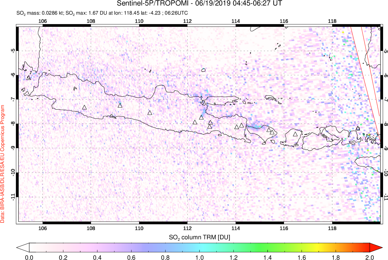 A sulfur dioxide image over Java, Indonesia on Jun 19, 2019.