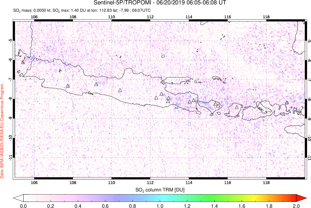 A sulfur dioxide image over Java, Indonesia on Jun 20, 2019.