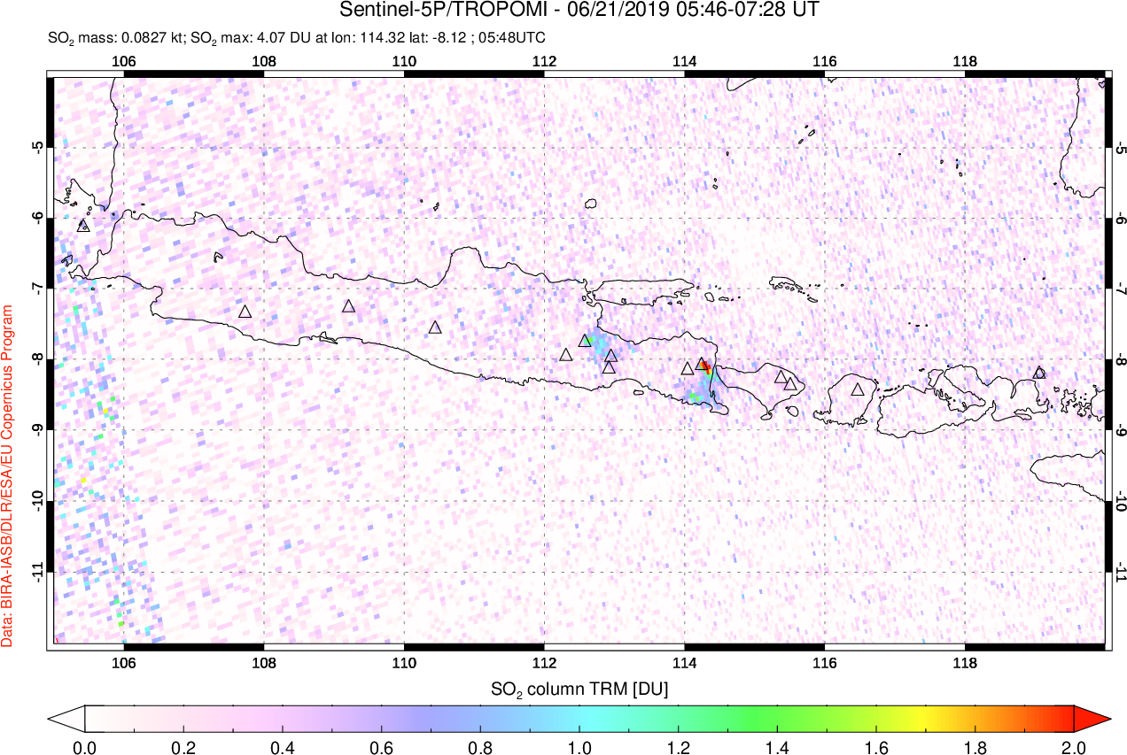 A sulfur dioxide image over Java, Indonesia on Jun 21, 2019.