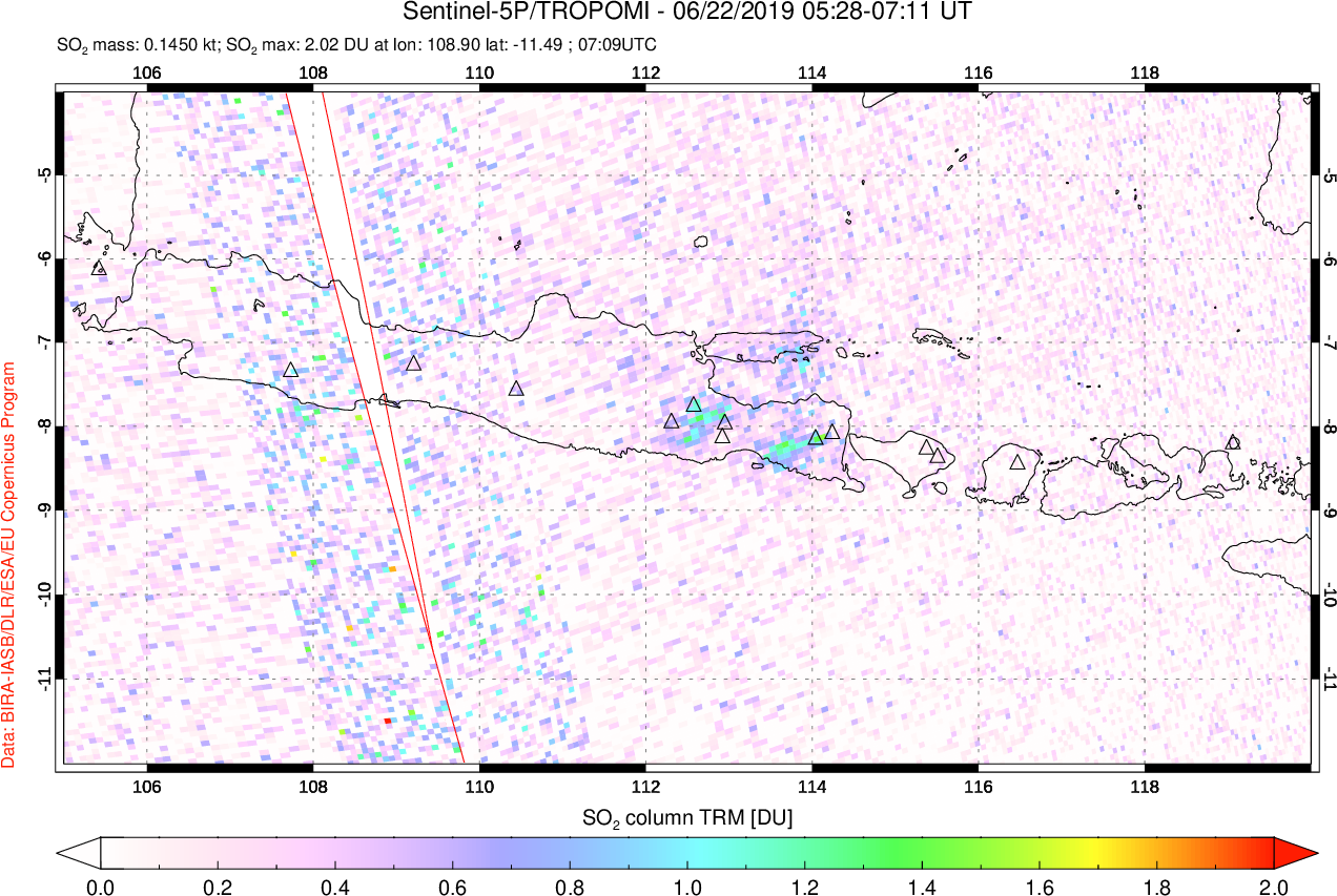 A sulfur dioxide image over Java, Indonesia on Jun 22, 2019.