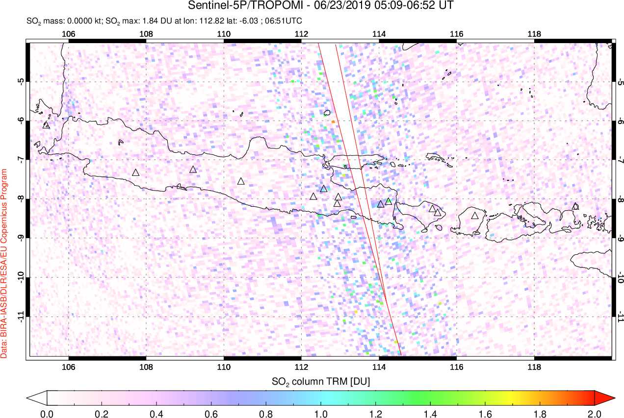 A sulfur dioxide image over Java, Indonesia on Jun 23, 2019.
