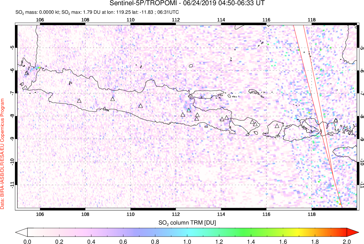 A sulfur dioxide image over Java, Indonesia on Jun 24, 2019.