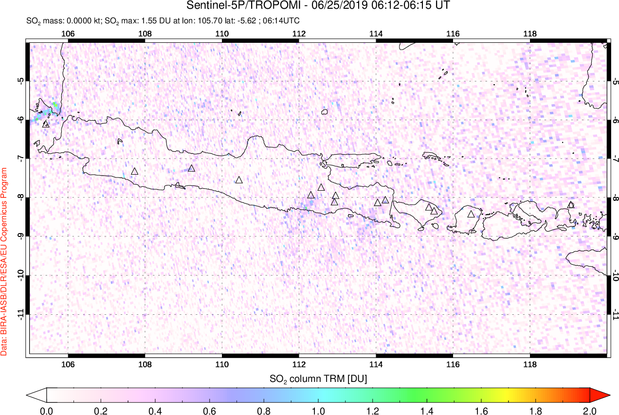 A sulfur dioxide image over Java, Indonesia on Jun 25, 2019.