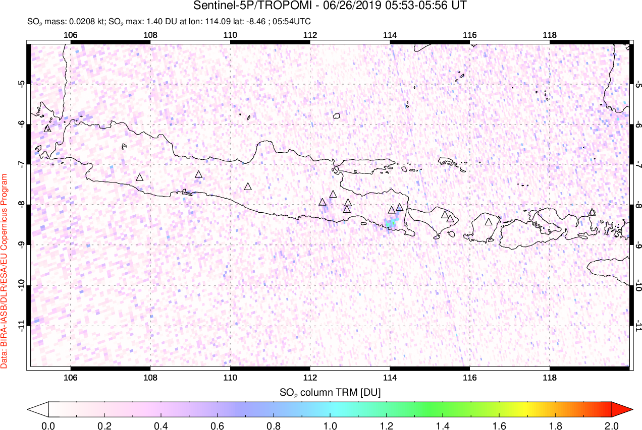 A sulfur dioxide image over Java, Indonesia on Jun 26, 2019.
