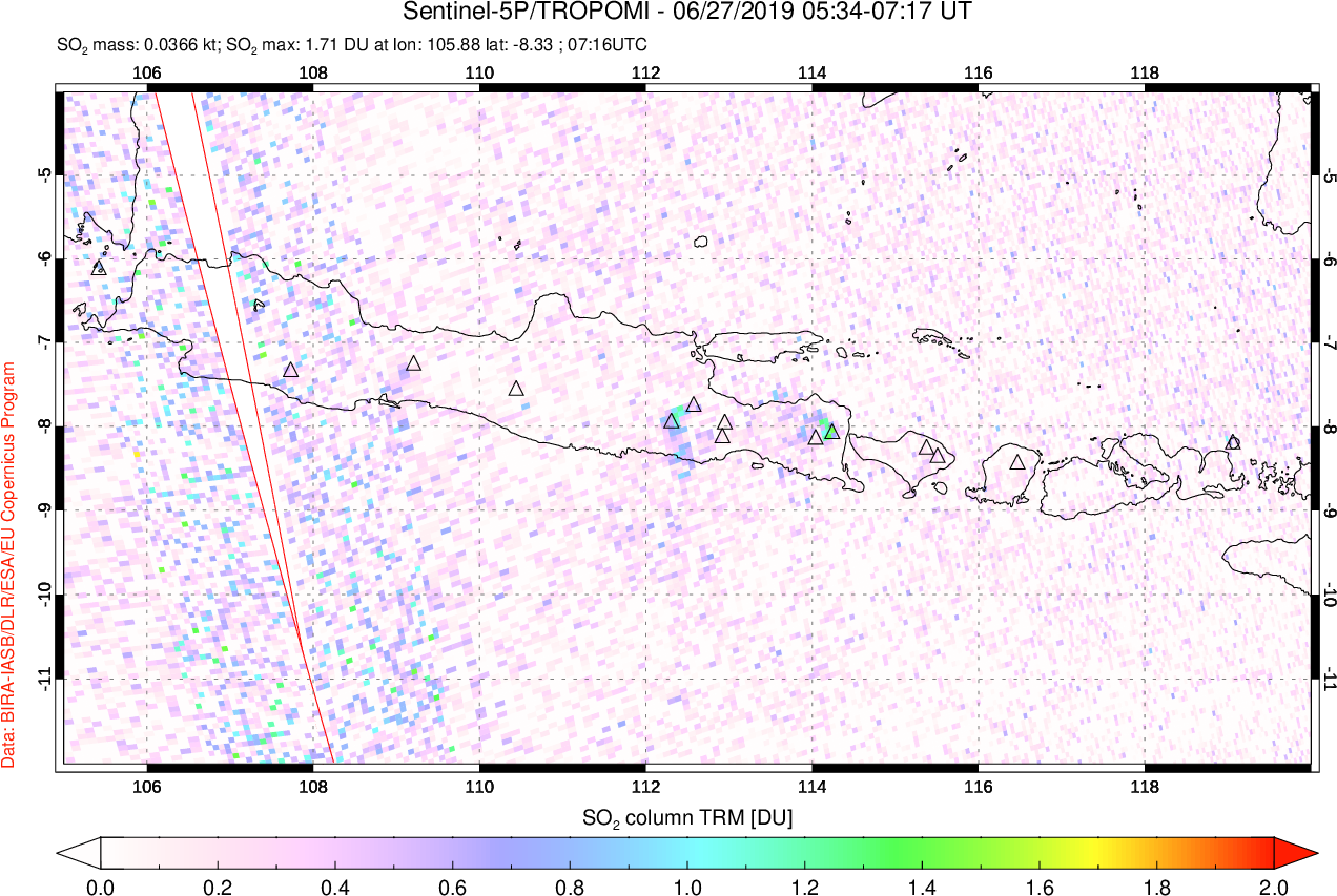 A sulfur dioxide image over Java, Indonesia on Jun 27, 2019.