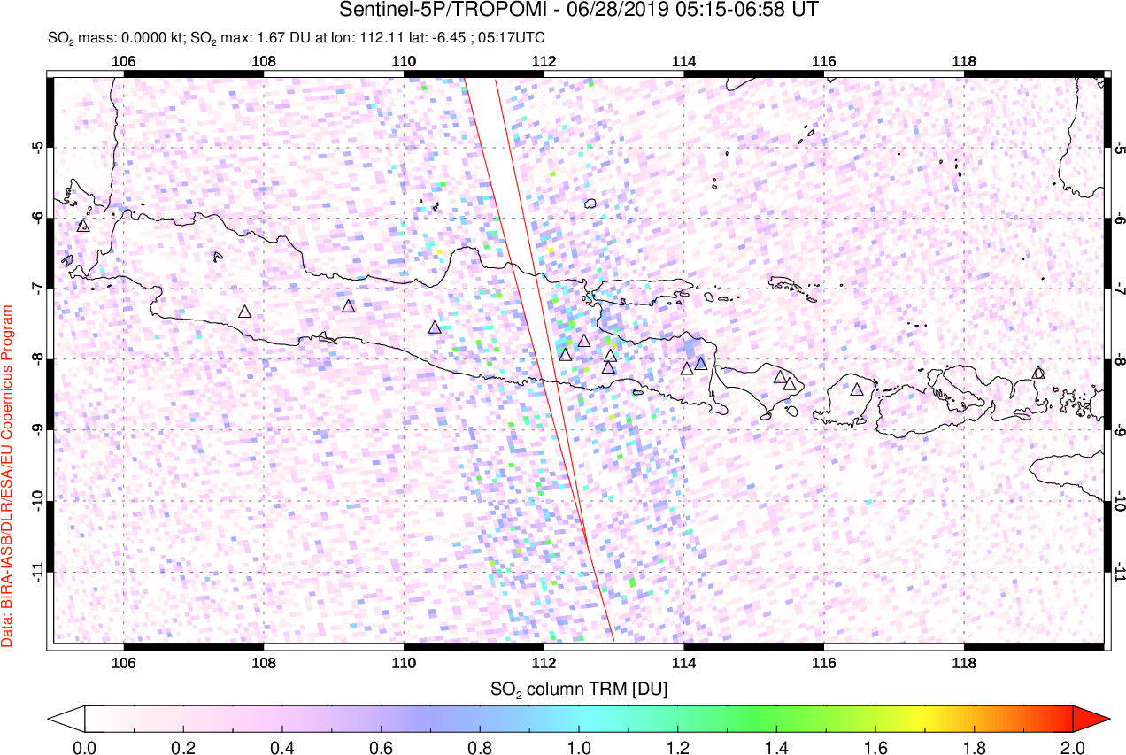A sulfur dioxide image over Java, Indonesia on Jun 28, 2019.