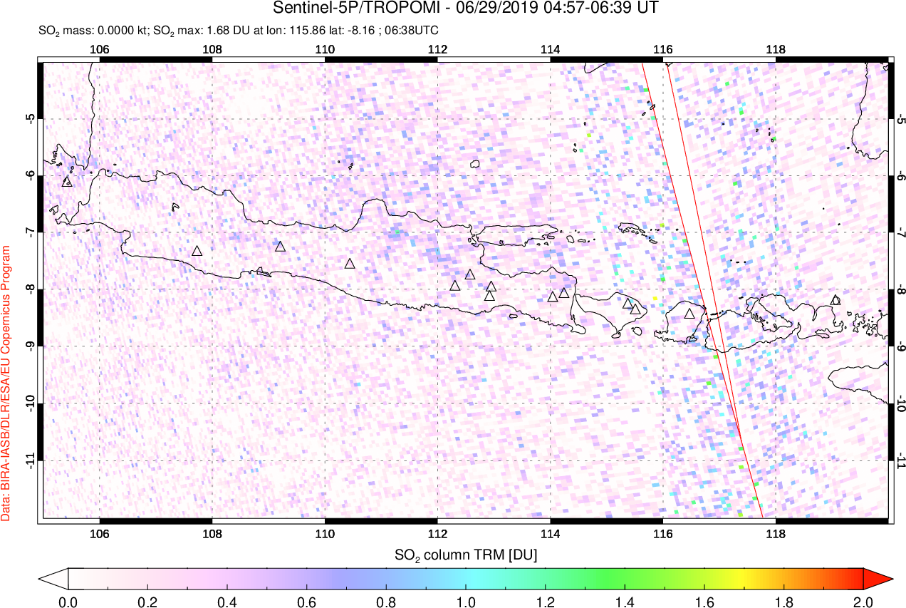 A sulfur dioxide image over Java, Indonesia on Jun 29, 2019.