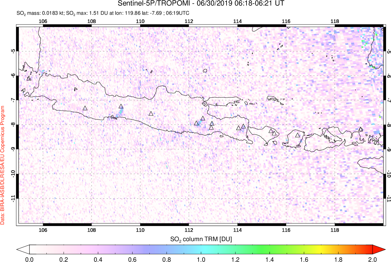 A sulfur dioxide image over Java, Indonesia on Jun 30, 2019.