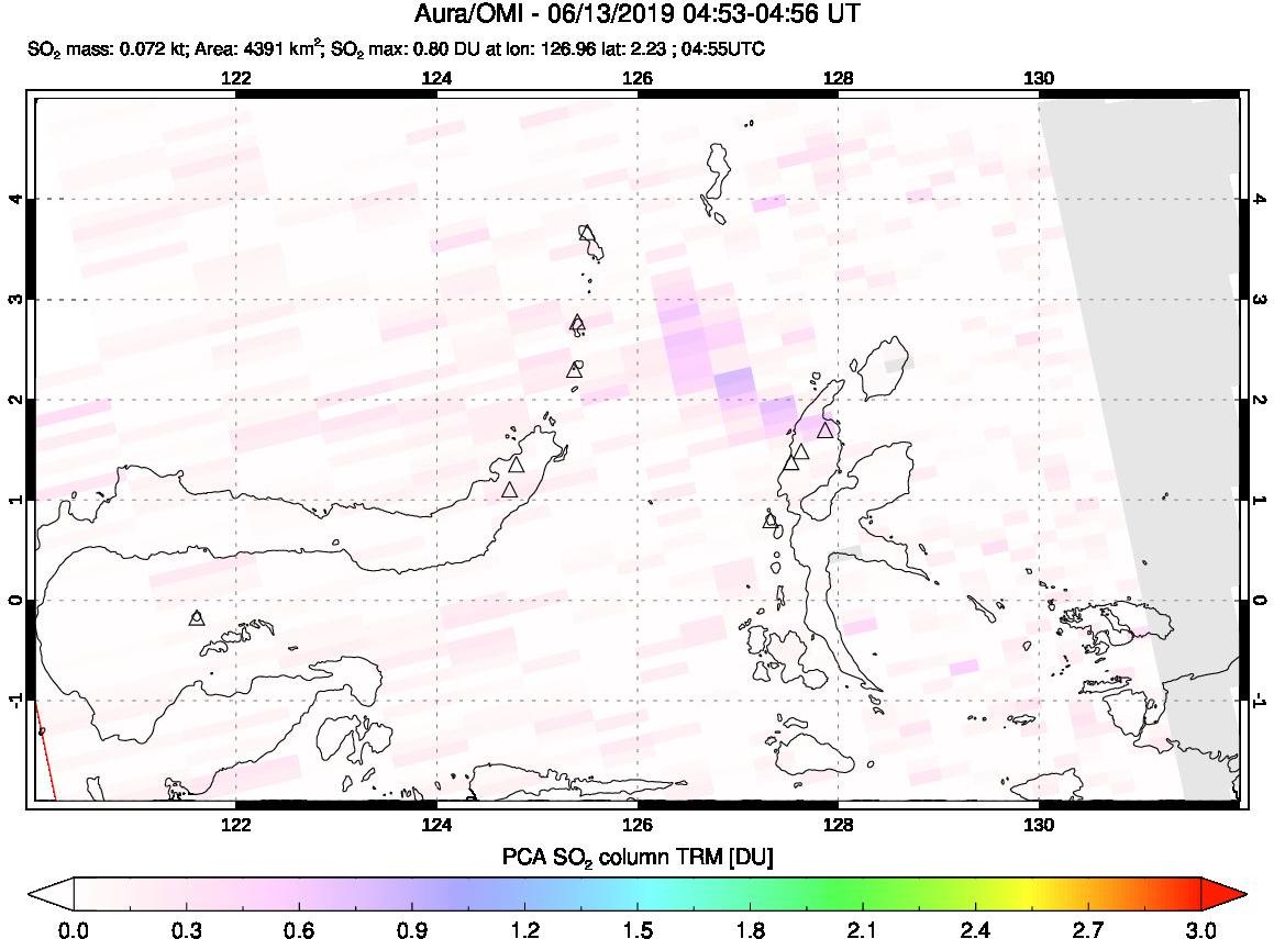 A sulfur dioxide image over Northern Sulawesi & Halmahera, Indonesia on Jun 13, 2019.