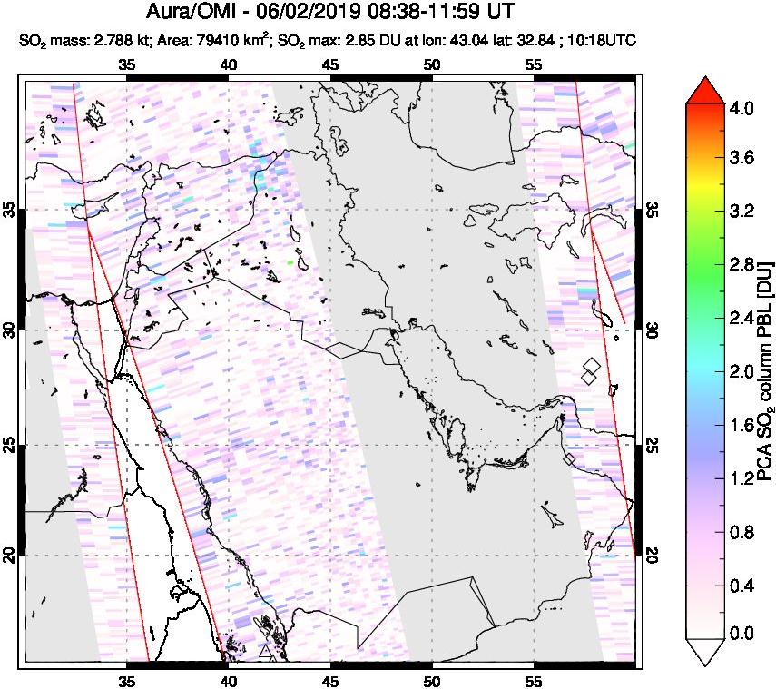 A sulfur dioxide image over Middle East on Jun 02, 2019.